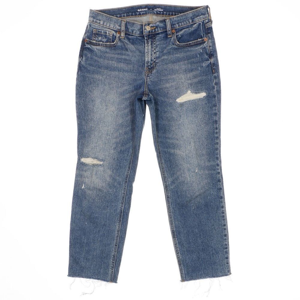 Old Navy Jeans Womens 4 Boyfriend Mid Rise Distressed Blue Denim Stretch 30 x 24